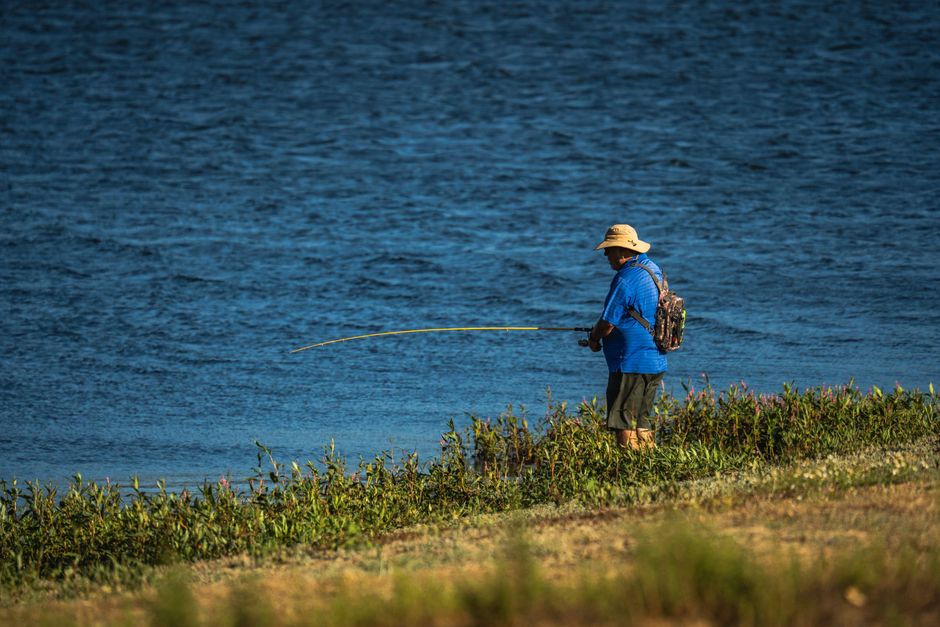 An adult male fishing by a serene lake, wearing a hat and blue shirt.