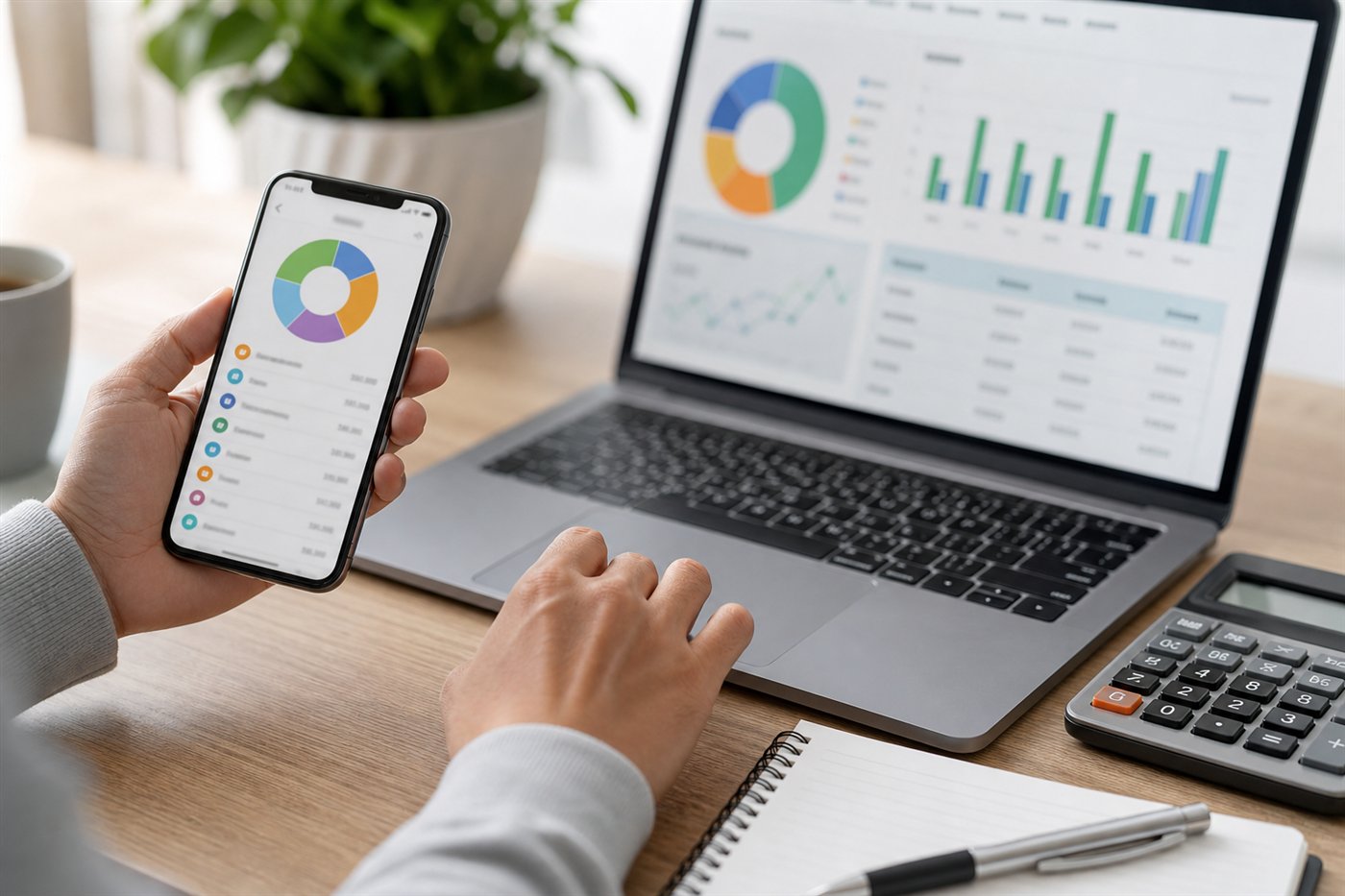 Digital budgeting tools on laptop and smartphone with calculator