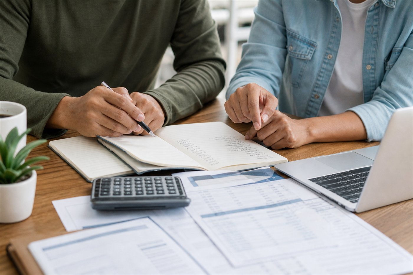 Couple reviewing a budget notebook for financial accountability