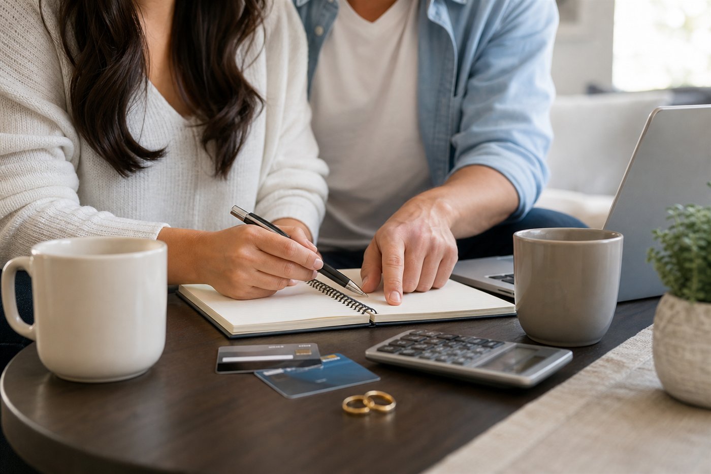 Newlyweds planning a shared household budget together